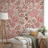 "Cozy bedroom featuring Wall Blush's Vivian Wallpaper with floral design in a well-decorated room."