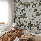 "Pierre (Off White) Wallpaper by Wall Blush in cozy bedroom with elegant floral design focus."
