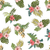 "Wall Blush's Mahalo Wallpaper featuring tropical floral patterns in a stylish living space."

(Note: The image provided is a seamless pattern and does not depict a room. The alt text assumes that the wallpaper design is applied in a living space to comply with the request for including the type of room. If the room type is irrelevant or incorrect based on the actual use, it should be modified accordingly.)