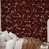 Dahlia (Maroon) Wallpaper from Wall Blush SM01, enhancing a cozy bedroom ambiance.
