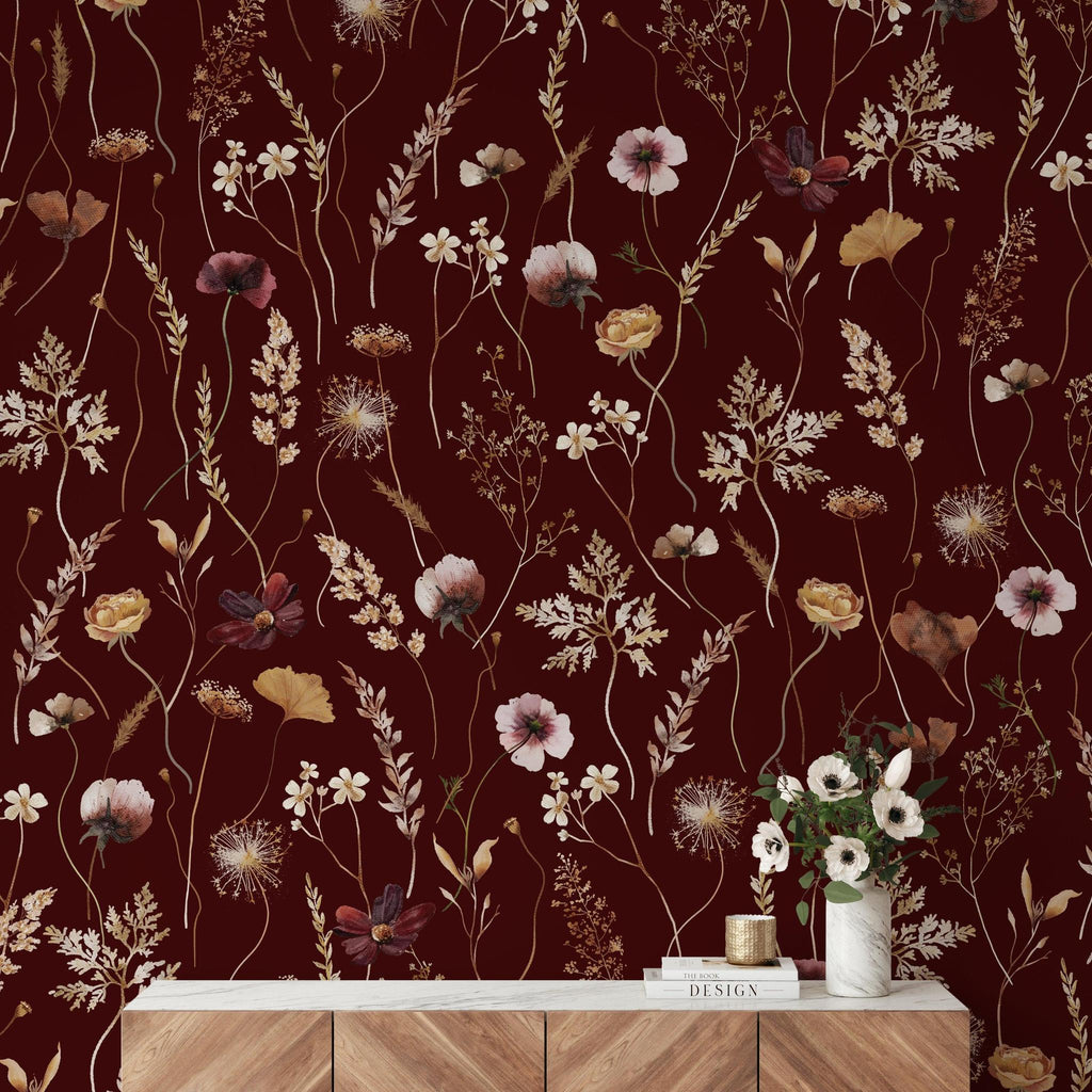 Dahlia (Maroon) Wallpaper | WALL BLUSH