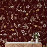 Elegant Wall Blush SM01 Dahlia (Maroon) Wallpaper in a modern living room, highlighting the floral design.
