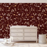Dahlia (Maroon) Wallpaper by Wall Blush SM01 in elegant bedroom interior focusing on wall design.
