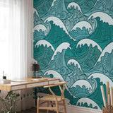 "Wall Blush Maui Wallpaper enhancing a home office with its vibrant wave design, creating a focal point on the wall."