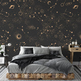 Stylish bedroom showcasing The Kail Lowry Line's Milky Way Wallpaper, celestial design focus.
