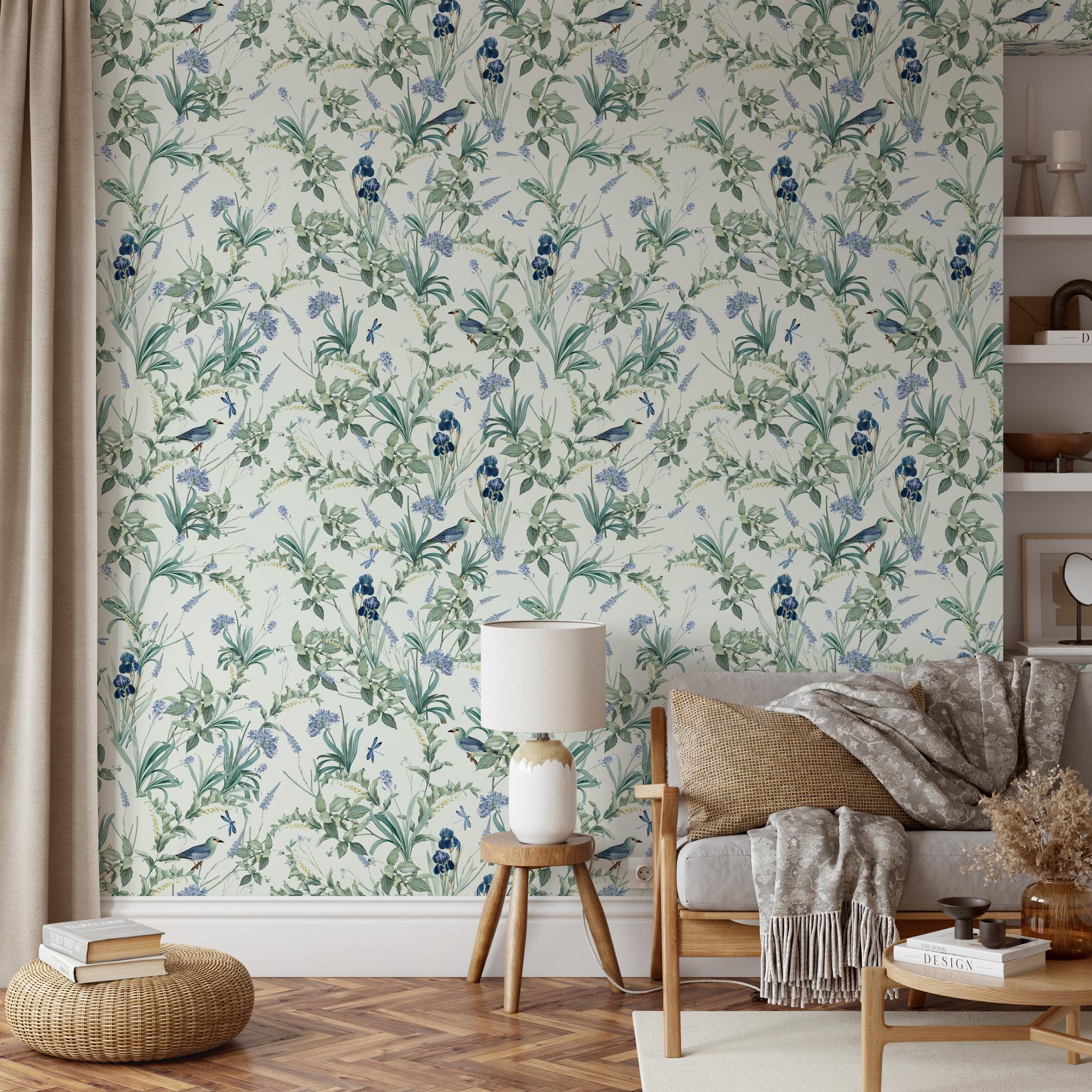 "Wall Blush's 'Fly Away with Me Wallpaper' accentuating modern living room decor with elegant botanical design."