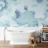 "BIG MOOD (Blue) Wallpaper by Wall Blush in serene bathroom, highlighting elegant wall design focus"