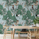 "Mangrove Wallpaper by Wall Blush in a modern dining room with naturalistic bird designs, focusing on the wall decor."