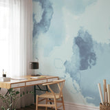 "Wall Blush's BIG MOOD (Blue) Wallpaper in a modern home office, highlighting the elegant wall design."