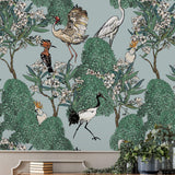 Mangrove Wallpaper by Wall Blush in stylish living room with vintage cabinet focus.
