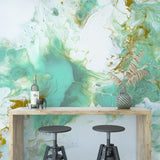 "Wall Blush's New Port Wallpaper in modern kitchen with stylish marble design wall decor."