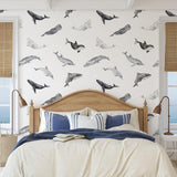Odyssey Wallpaper by Wall Blush SG02 in a serene bedroom with ocean-themed decor highlighting the wall design.

