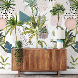 "Wall Blush Paradise Wallpaper in a living room setting, tropical design focus, stylish home decor."