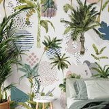 Paradise Wallpaper from The Clements Crew Line featured in a stylish, modern bedroom interior, highlighting the vibrant tropical design.
