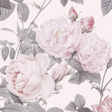 "Wall Blush's Secret Garden (Pink) Wallpaper showcased in an elegant bedroom setting, highlighting floral details."