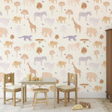 Savannah Wallpaper by Wall Blush SG02 in a cozy kids' room with whimsical animal designs and warm tones.
