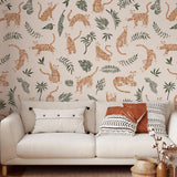 Wall Blush SG02 RAWR (Peach) Wallpaper in cozy living room, focus on tropical tiger-themed decor.
