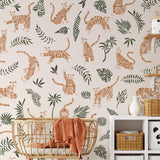 Alt: Wall Blush SG02 RAWR (Peach) Wallpaper accentuating a playful children's room, with tiger and foliage patterns.
