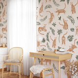 "Wall Blush's RAWR (Peach) Wallpaper in a cozy study room, with focus on vibrant tiger print design."