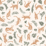 "Wall Blush RAWR (Peach) Wallpaper featuring playful tigers and green foliage in a stylish living room."