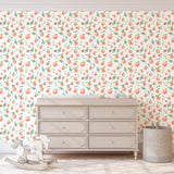 Peachy Clean Wallpaper by Wall Blush in nursery room, with detailed fruit pattern focus.
