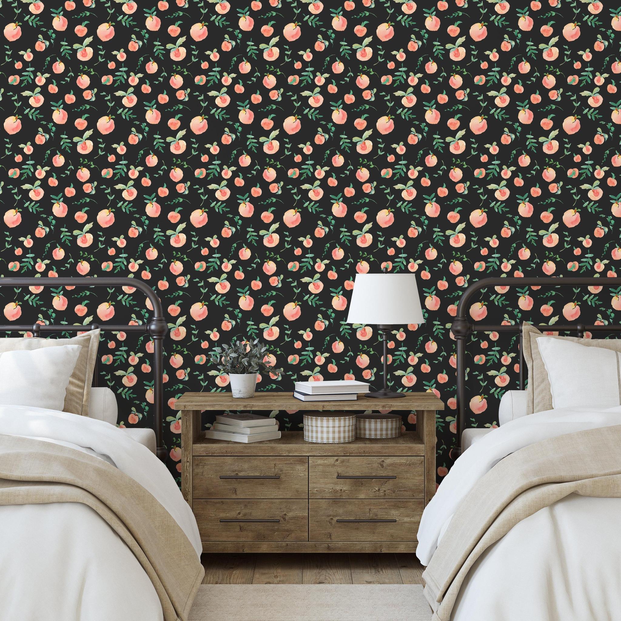 Wall Blush's Peachy Clean (Black) Wallpaper featured in cozy bedroom setup, highlighting modern interior design.
