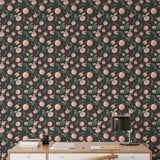 Alt: Wall Blush's Peachy Clean (Black) Wallpaper in a modern home office, creating a vibrant and stylish backdrop.
