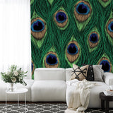 "Ocelli Wallpaper by Wall Blush in a modern living room, accent wall with peacock feather design."