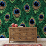 "Ocelli Wallpaper by Wall Blush in stylish living room with peacock pattern focus and modern decor."