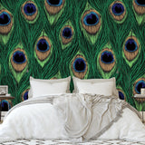 Ocelli Wallpaper by Wall Blush SG02 featured in an elegant bedroom with peacock pattern focus wall.
