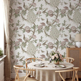 "Hera (Pink) Wallpaper by Wall Blush in a stylish dining room, highlighting elegant floral patterns."