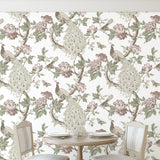 Hera (Pink) Wallpaper by Wall Blush SG02 showcasing bird design in a stylish dining room setting.
