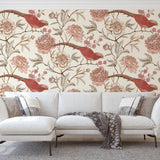 Chic living room showcasing Scarlet Wallpaper by Wall Blush SG02, featuring elegant floral and bird design.
