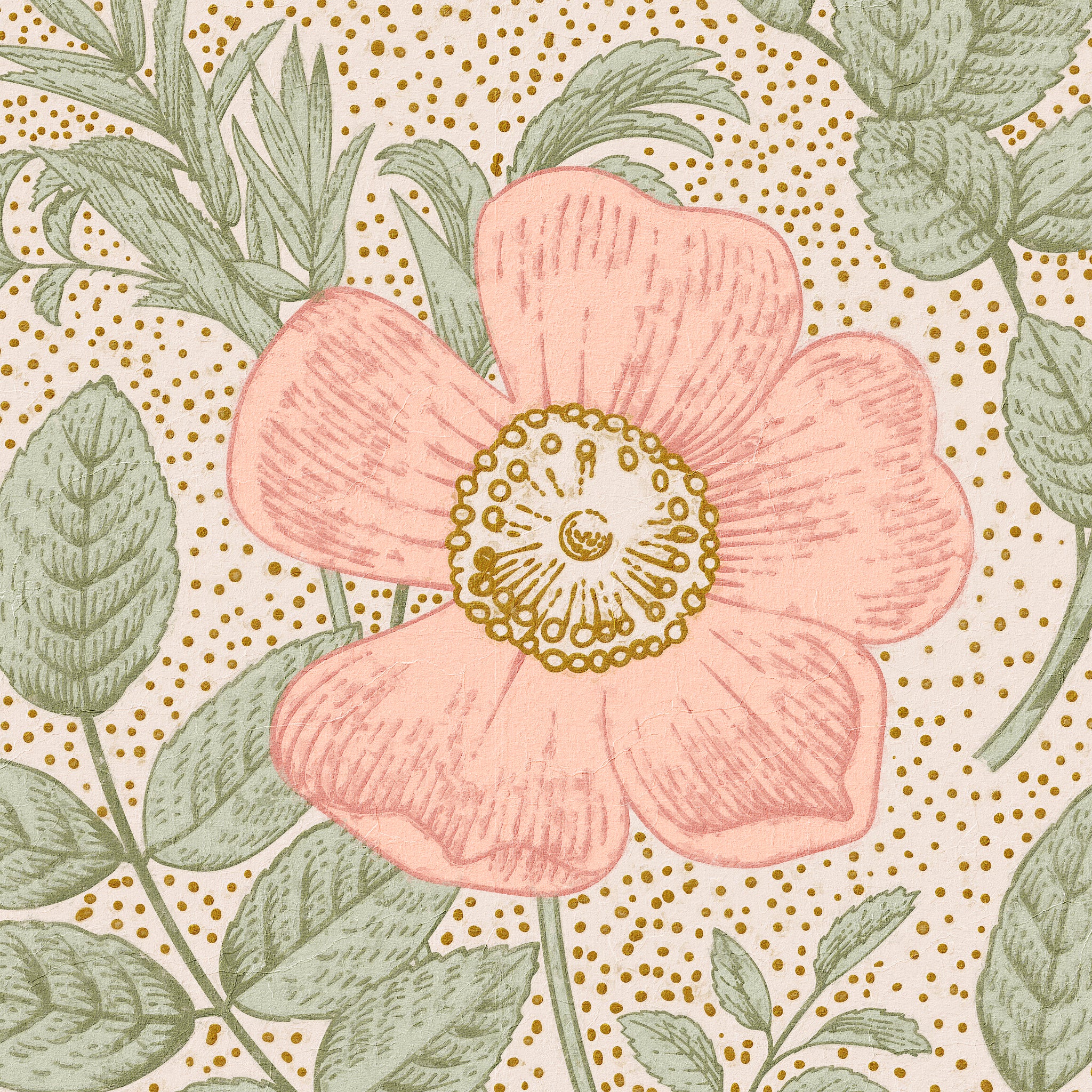 "Wall Blush Poppy Wallpaper featured in a warm, stylish bedroom, with a vintage floral design as the focal point."