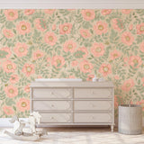 Wall Blush SG02 Poppy Wallpaper in a stylish nursery room, with elegant dresser and rocking horse.
