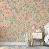 Wall Blush SG02's Poppy Wallpaper accentuating a cozy kids' room, featuring vibrant florals with a chic, playful ambience.
