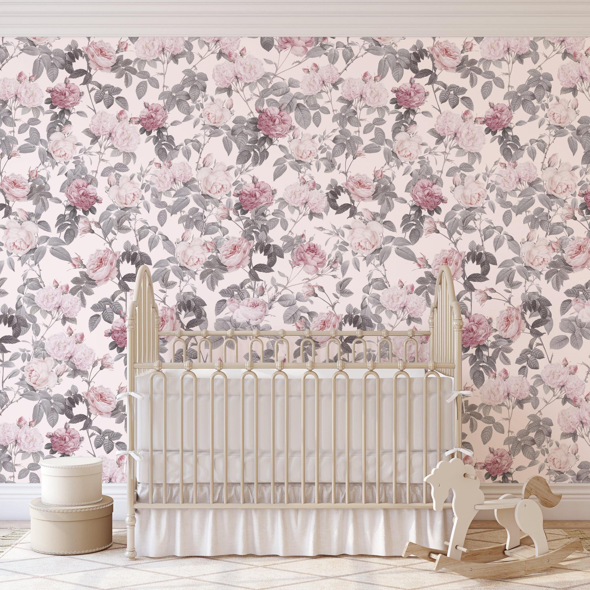 Wall Blush SG02 Secret Garden (Pink) Wallpaper in a stylish nursery room, highlighting elegant floral design.
