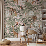 Wall Blush Tanzania Pink Wallpaper featuring exotic animals in cozy living room setting.