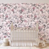 Wall Blush SG02 Secret Garden (Pink) Wallpaper in a stylish nursery room, highlighting elegant floral design.
