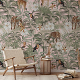 "Tanzania Pink Wallpaper by Wall Blush in a stylish living room, highlighting exotic animal designs."