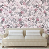 Cozy living room featuring Wall Blush SG02 Secret Garden Pink Wallpaper as focal point.
