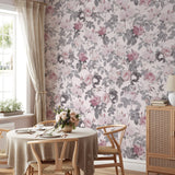 "Wall Blush's Secret Garden (Pink) Wallpaper in a stylish dining room, highlighting the elegant floral design."