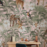 Tanzania Pink Wallpaper by Wall Blush SG02 in a stylish home office, highlighting exotic animal patterns.
