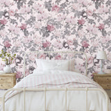 Wall Blush SG02's Secret Garden (Pink) Wallpaper in a cozy bedroom setting, with elegant floral design focus.

