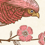 "Wall Blush Scarlet Wallpaper with bird and floral design, adding elegance to a contemporary living room."