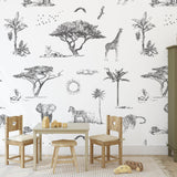 Pride Lands Wallpaper by Wall Blush SG02 in a stylish children's room with animal motifs, focus on wall decor.
