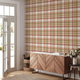 "Ruth Wallpaper by Wall Blush featured in a well-lit entryway, enhancing home decor with its plaid design."
