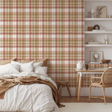 "Cozy bedroom featuring Ruth Wallpaper by Wall Blush with plaid design, highlighting warm, inviting decor."