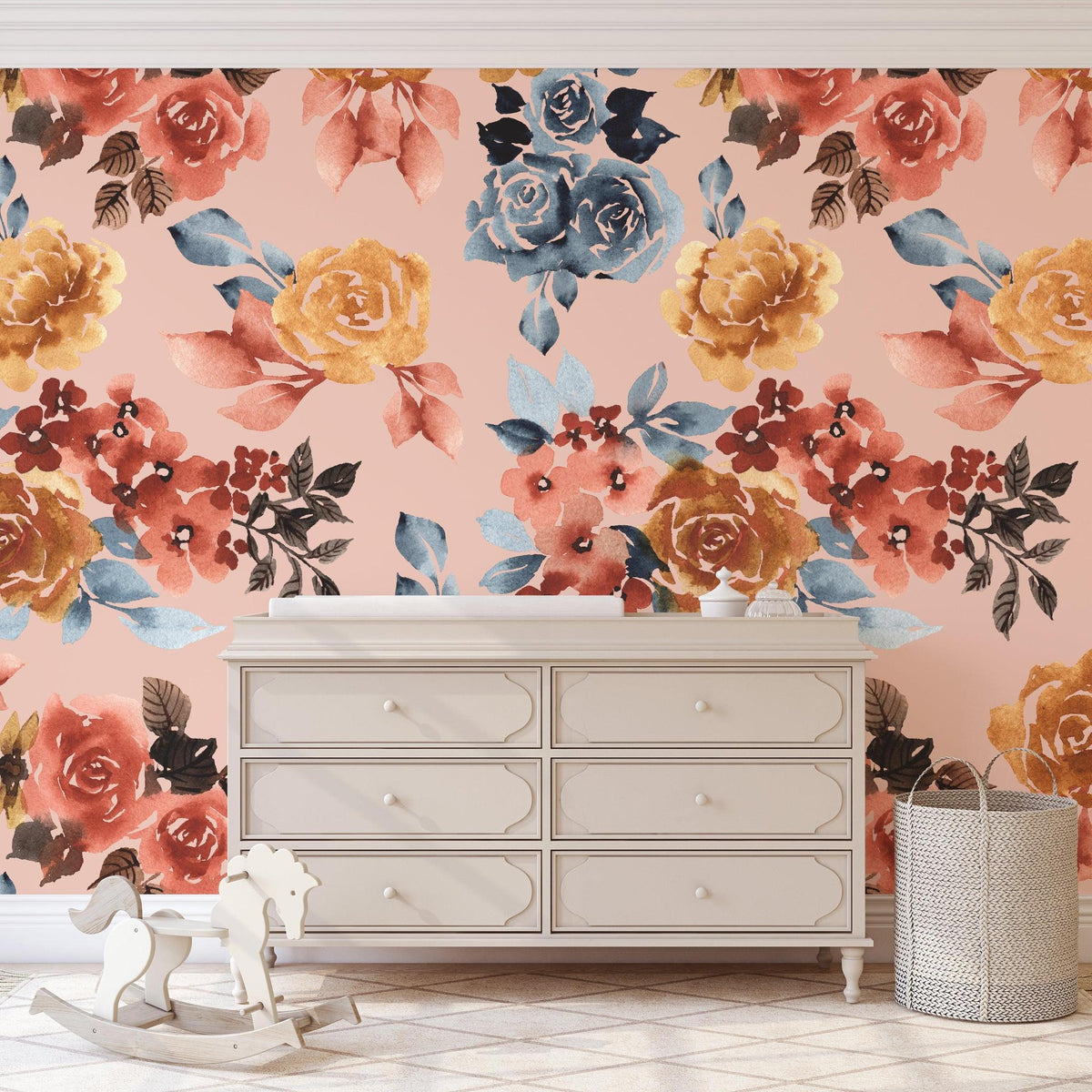 The Ania Zwara Line's Portland (Blush) Wallpaper showcasing in a stylish bedroom with a classic dresser and decor.
