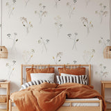 "Prairie Wallpaper by Wall Blush in a cozy bedroom, floral wall decor as the focal point"